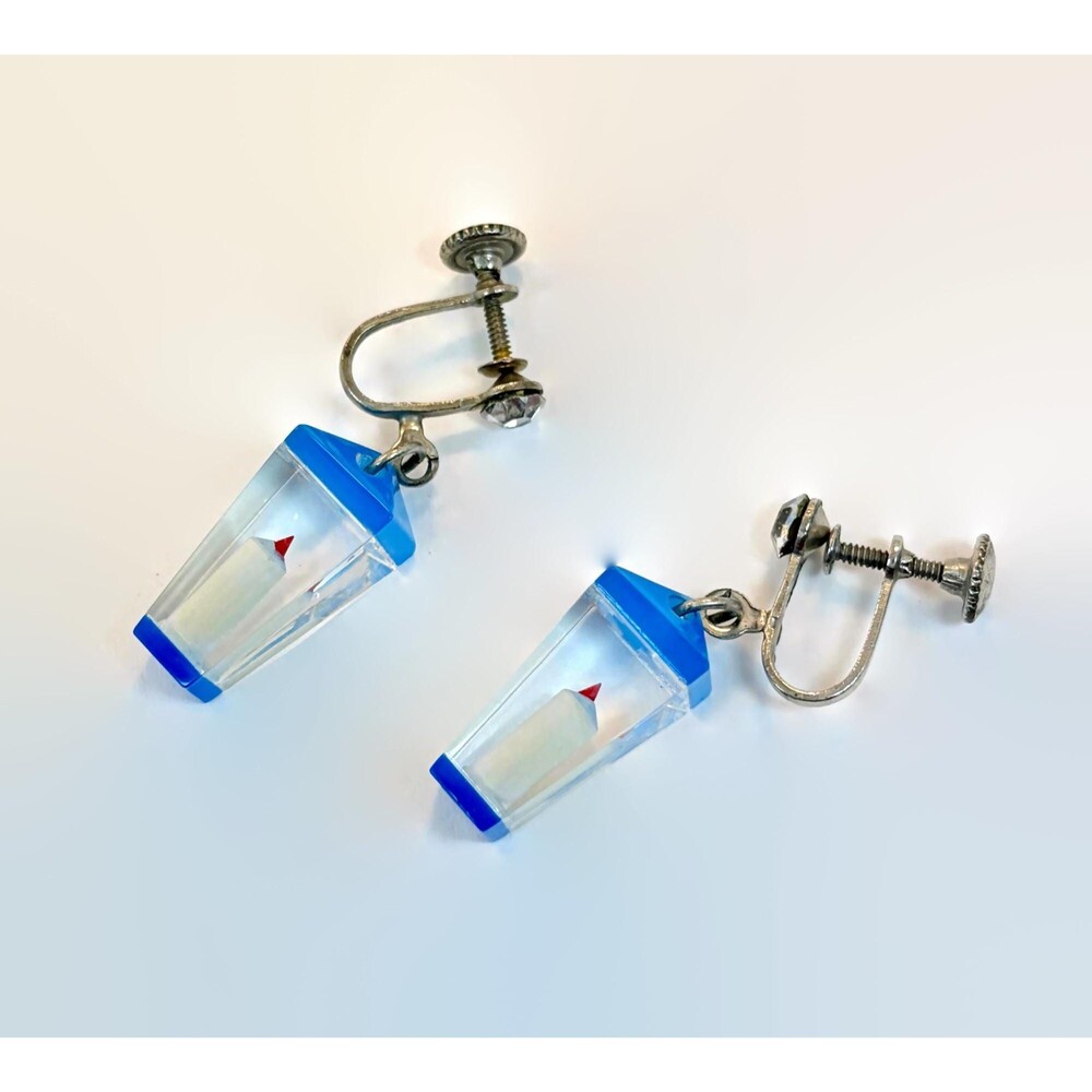 Vintage Earrings, RARE, Unique, Lucite, Lantern, Candlem1950s, Dangle Screw Back